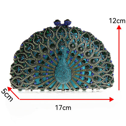 Peacock water diamond bag, hollow metal crystal banquet bag, handmade diamond inlaid bag, European and American women's diamond handbag