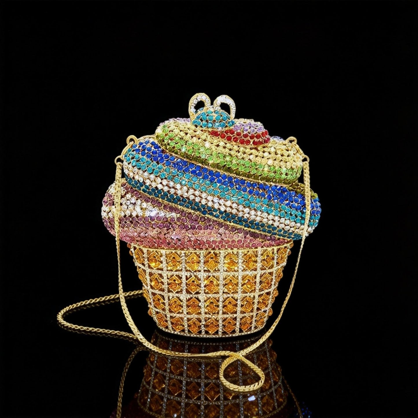 Ice Cream Wrap Iceberg Crystal-Encrusted Diamond Evening Clutch with Filigree Metal and Crystal Embellishments