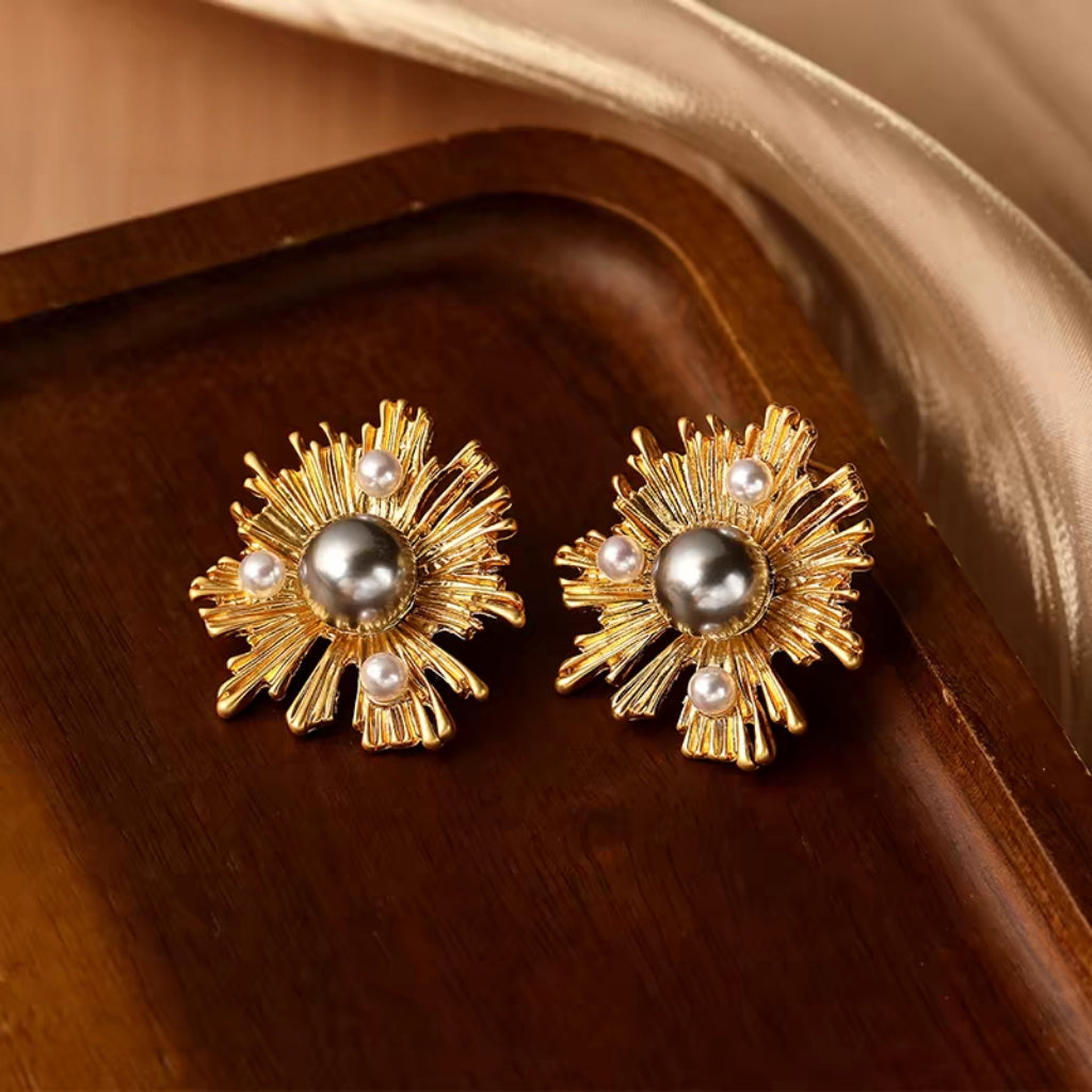 Sunflower-Inspired Pearl Earrings with Sterling Silver Needles - Elegant and Chic
