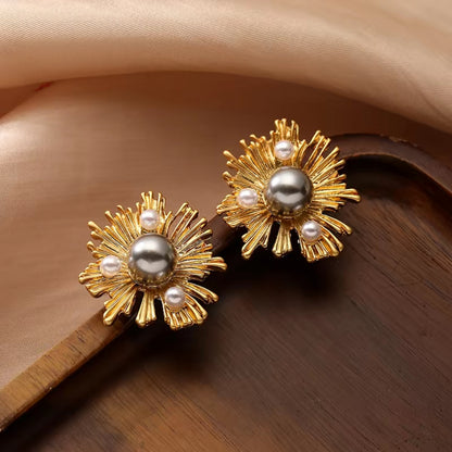 Sunflower-Inspired Pearl Earrings with Sterling Silver Needles - Elegant and Chic