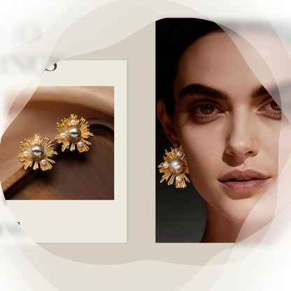 Sunflower-Inspired Pearl Earrings with Sterling Silver Needles - Elegant and Chic