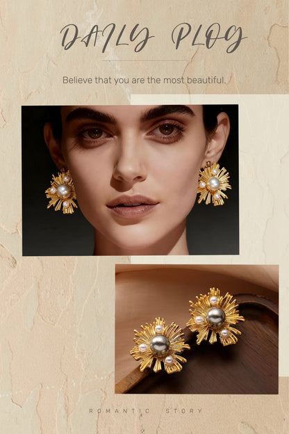 Sunflower-Inspired Pearl Earrings with Sterling Silver Needles - Elegant and Chic