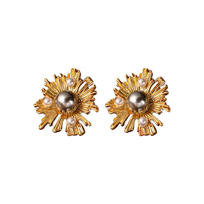 Sunflower-Inspired Pearl Earrings with Sterling Silver Needles - Elegant and Chic