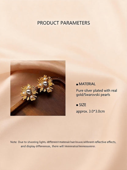 Sunflower-Inspired Pearl Earrings with Sterling Silver Needles - Elegant and Chic