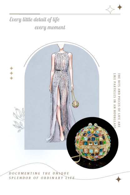 Hollow-Out Crystal-Embellished Round Evening Clutch in Iridescent Colors