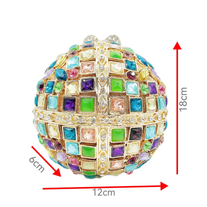 Hollow-Out Crystal-Embellished Round Evening Clutch in Iridescent Colors