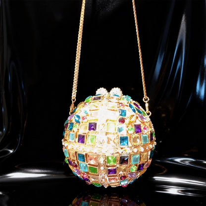 Hollow-Out Crystal-Embellished Round Evening Clutch in Iridescent Colors