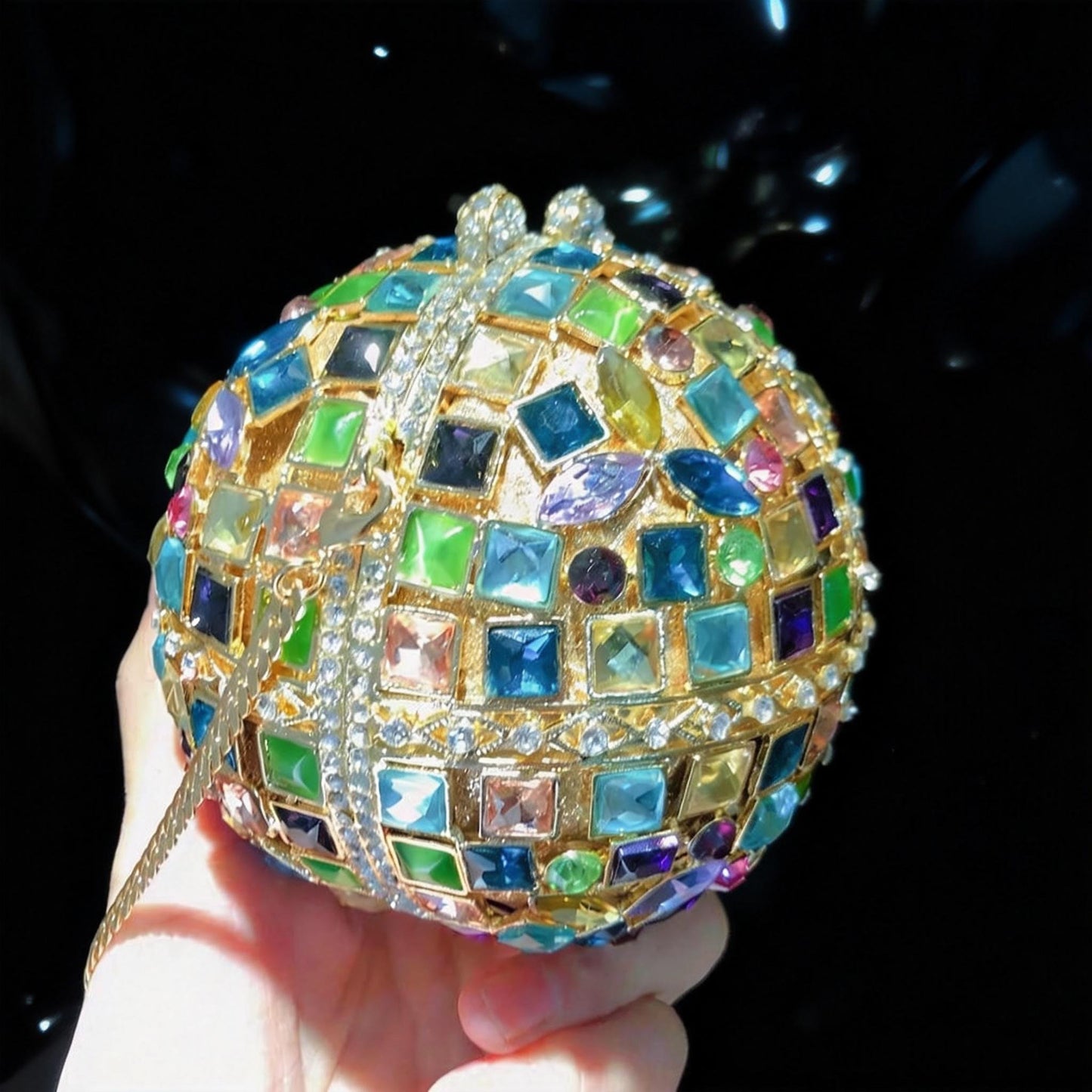 Hollow-Out Crystal-Embellished Round Evening Clutch in Iridescent Colors