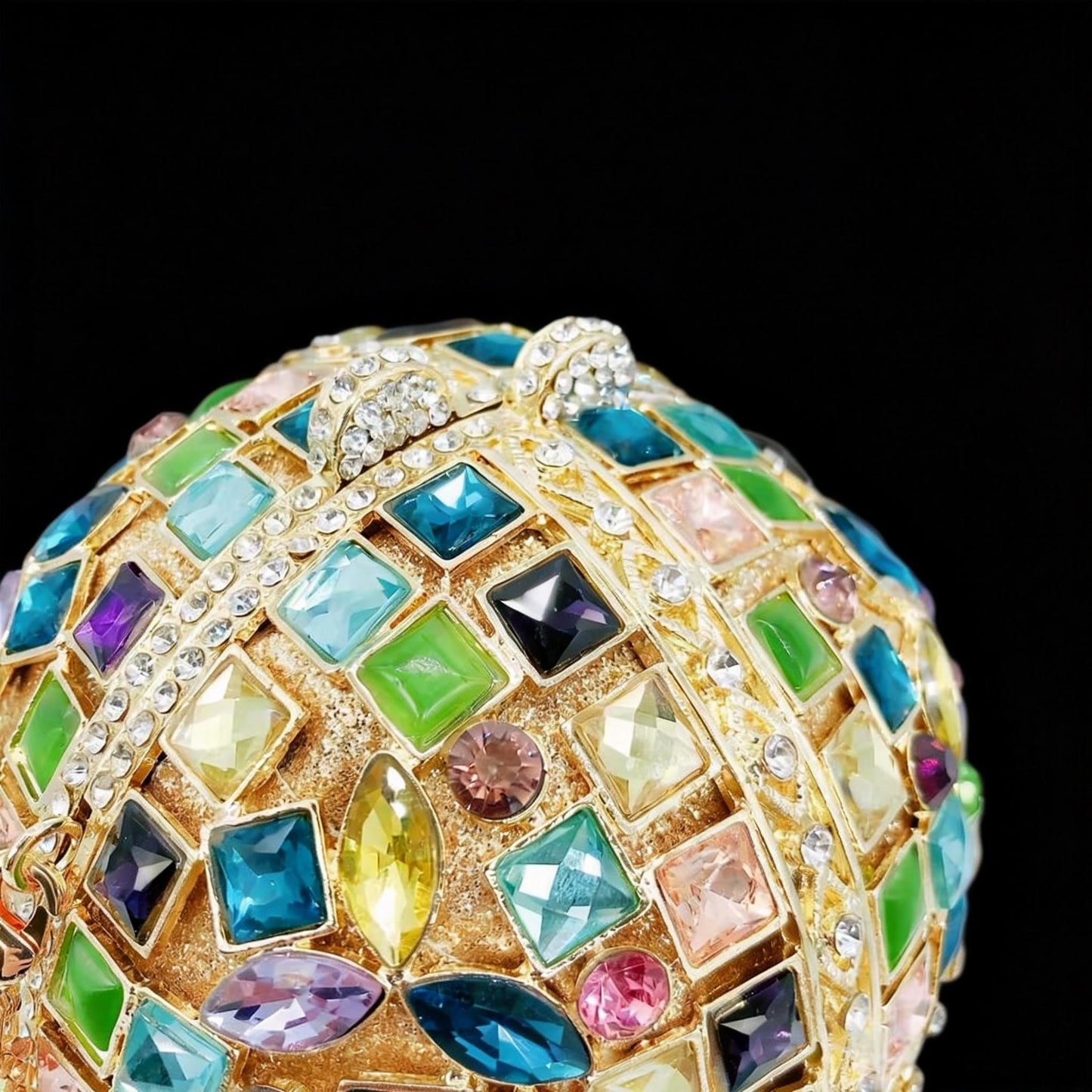 Hollow-Out Crystal-Embellished Round Evening Clutch in Iridescent Colors