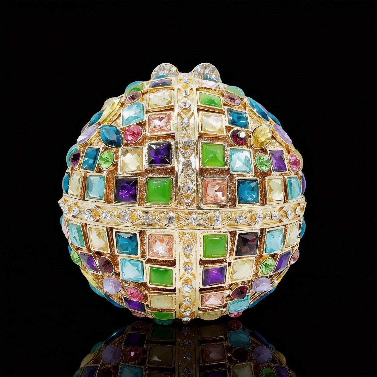 Hollow-Out Crystal-Embellished Round Evening Clutch in Iridescent Colors