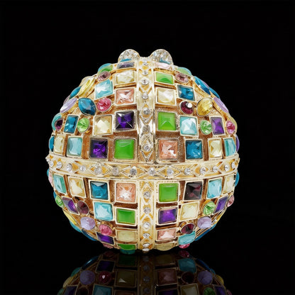 Hollow-Out Crystal-Embellished Round Evening Clutch in Iridescent Colors