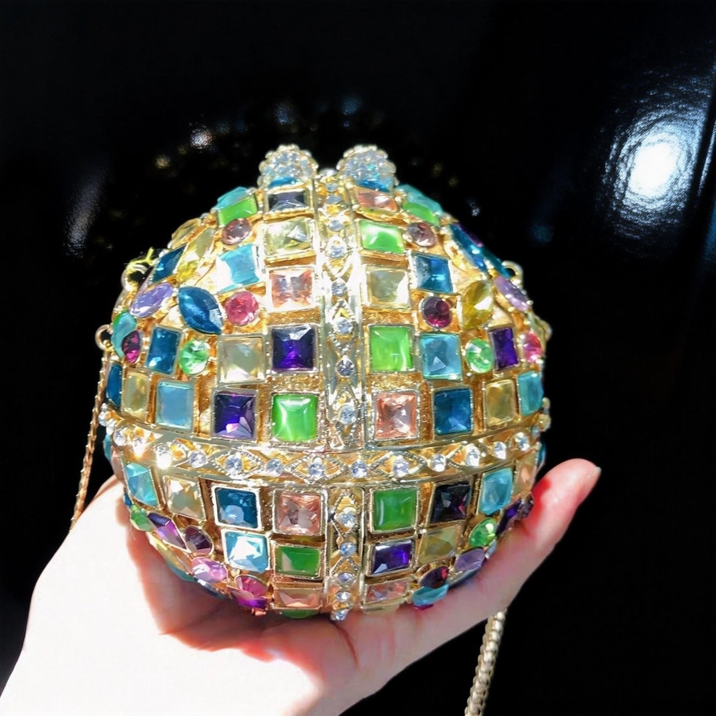 Hollow-Out Crystal-Embellished Round Evening Clutch in Iridescent Colors