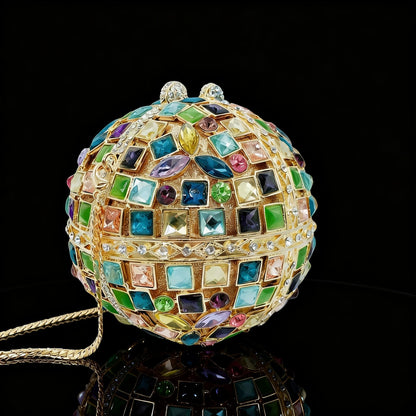 Hollow-Out Crystal-Embellished Round Evening Clutch in Iridescent Colors