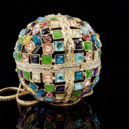 Hollow-Out Crystal-Embellished Round Evening Clutch in Iridescent Colors