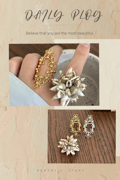 Korean-style Hollow-out Floral Lace Ring with Movable Shell Pendant