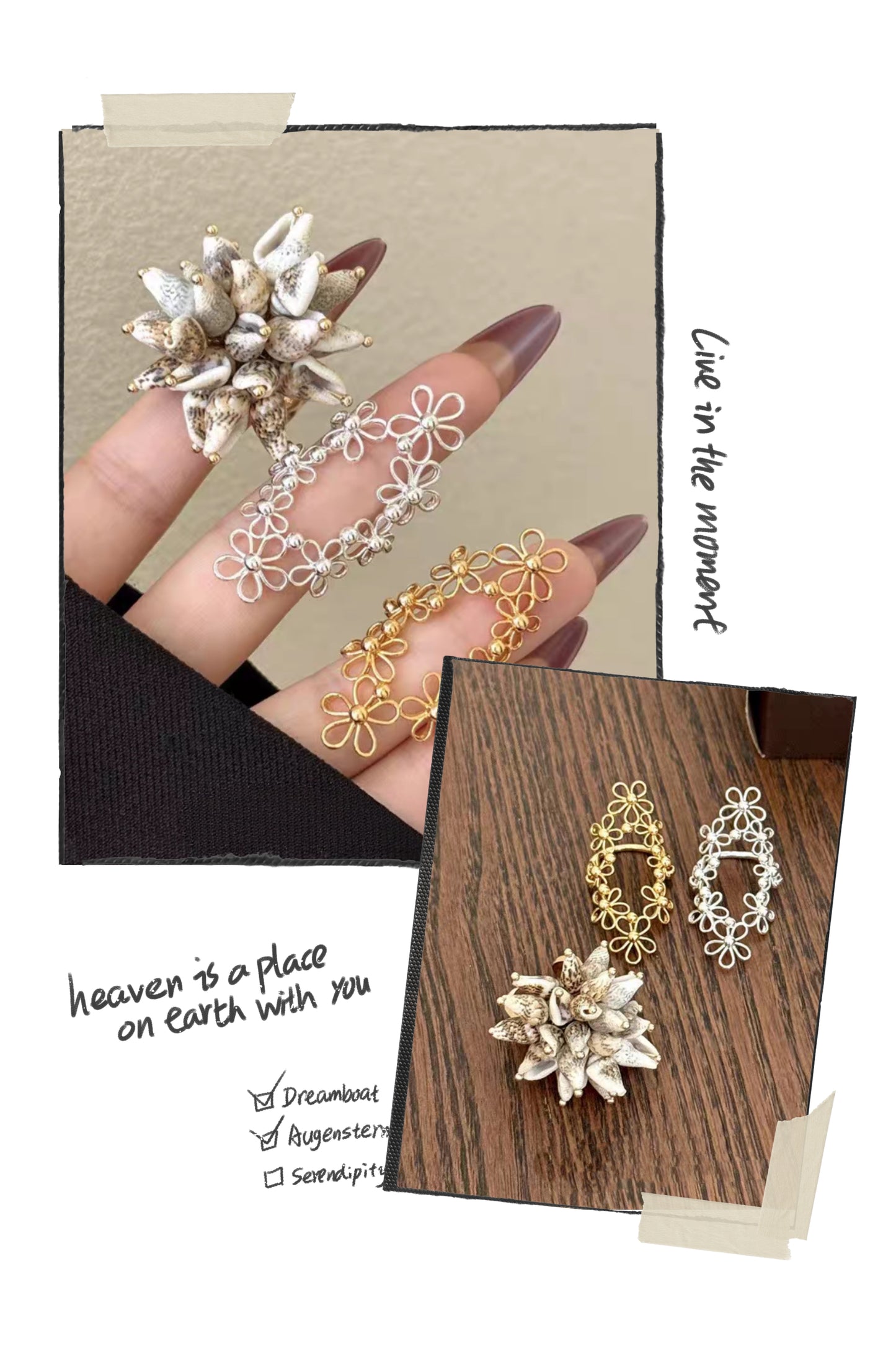 Korean-style Hollow-out Floral Lace Ring with Movable Shell Pendant