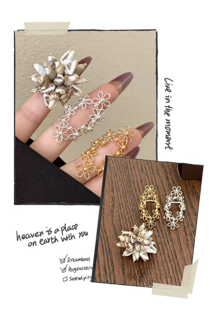 Korean-style Hollow-out Floral Lace Ring with Movable Shell Pendant