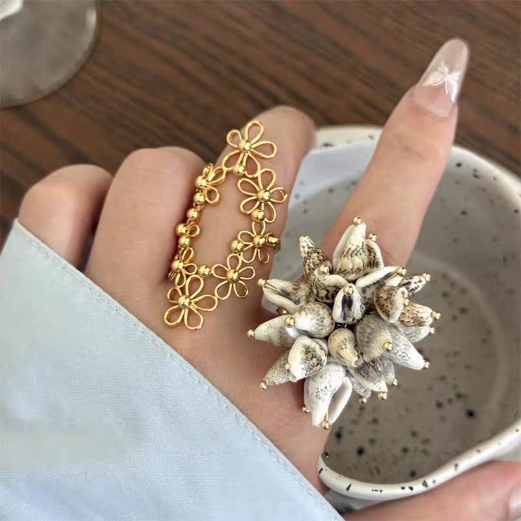 Korean-style Hollow-out Floral Lace Ring with Movable Shell Pendant