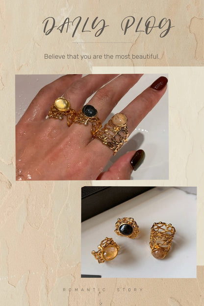 Original Hollow-Out Lace Wide Band Ring with Natural Stone