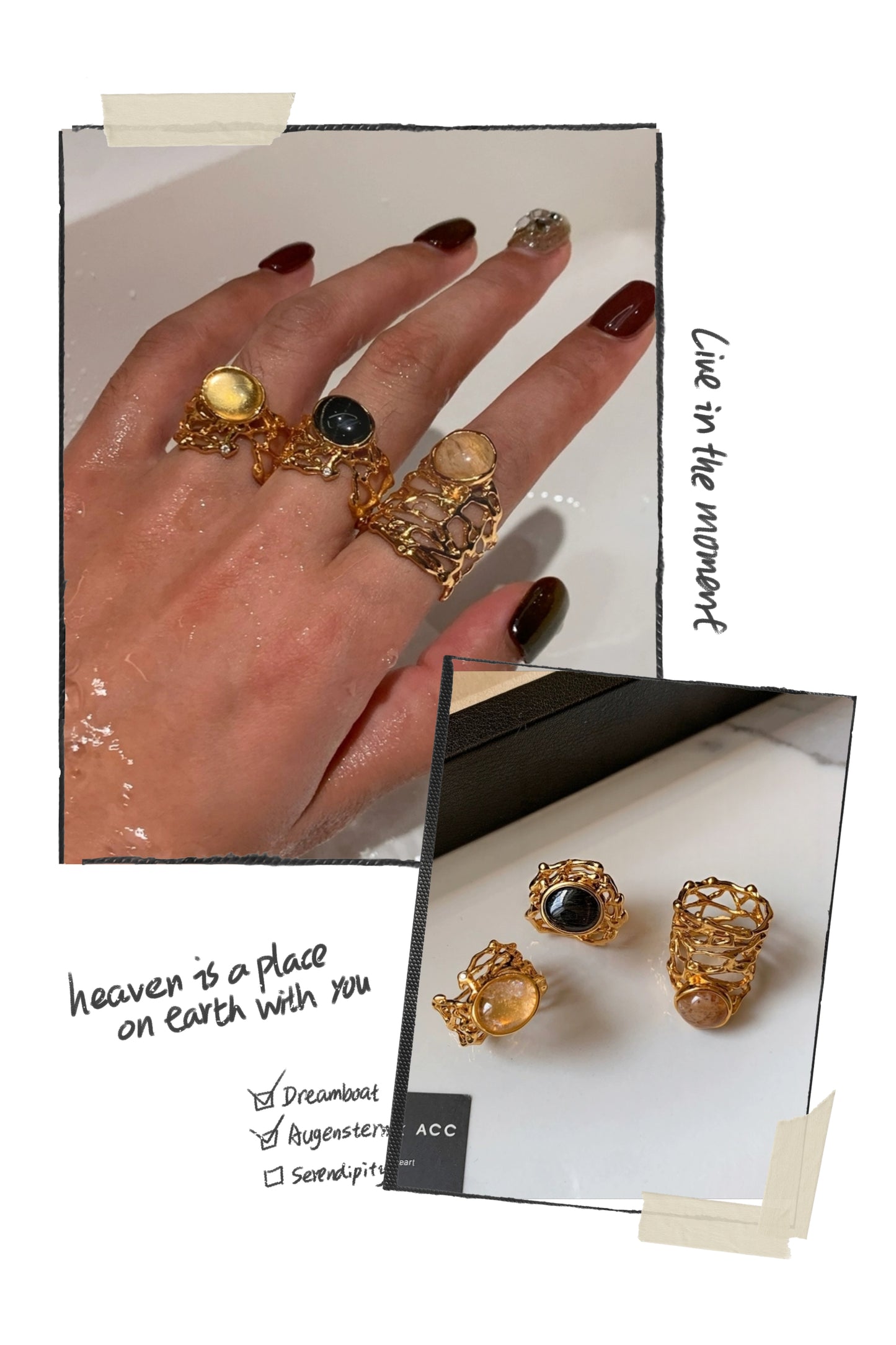 Original Hollow-Out Lace Wide Band Ring with Natural Stone