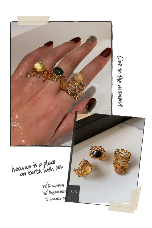 Original Hollow-Out Lace Wide Band Ring with Natural Stone