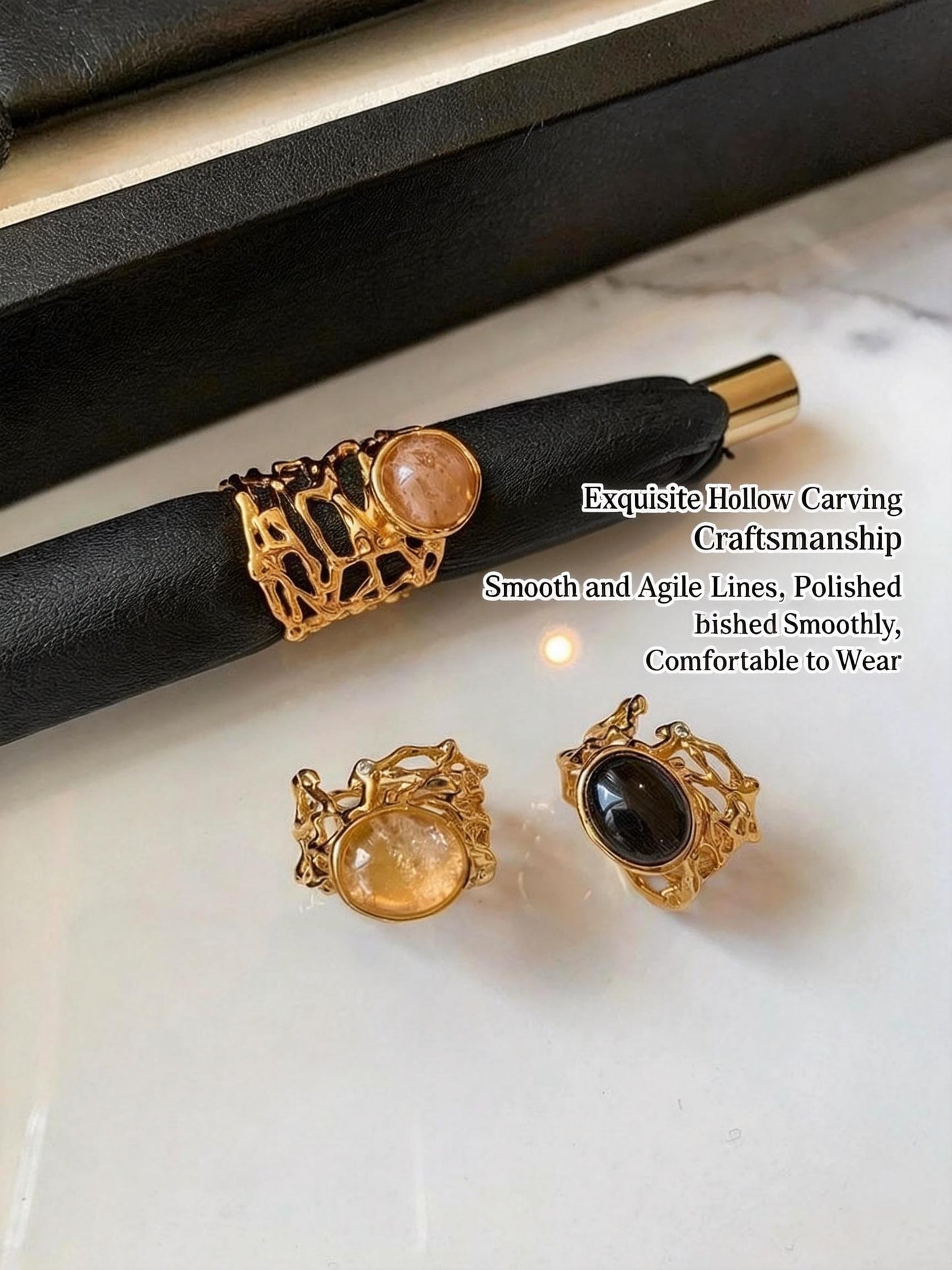Original Hollow-Out Lace Wide Band Ring with Natural Stone