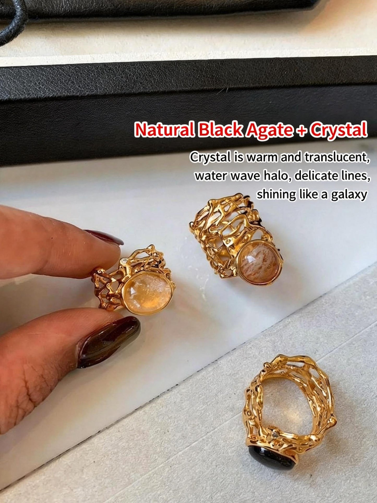 Original Hollow-Out Lace Wide Band Ring with Natural Stone