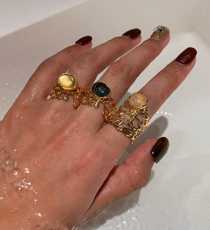 Original Hollow-Out Lace Wide Band Ring with Natural Stone