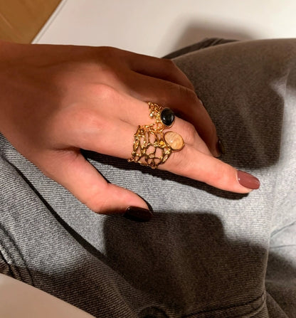 Original Hollow-Out Lace Wide Band Ring with Natural Stone