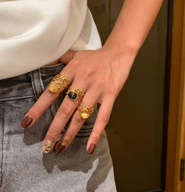 Original Hollow-Out Lace Wide Band Ring with Natural Stone