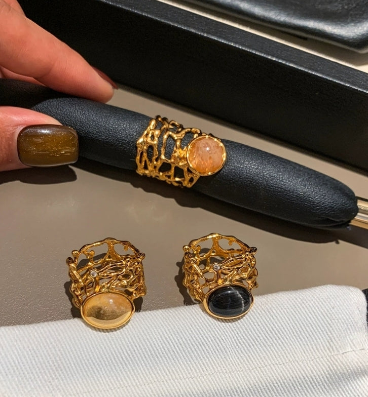 Original Hollow-Out Lace Wide Band Ring with Natural Stone