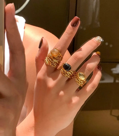 Original Hollow-Out Lace Wide Band Ring with Natural Stone