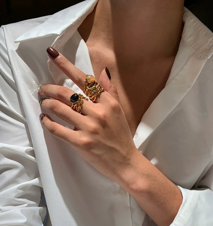 Original Hollow-Out Lace Wide Band Ring with Natural Stone