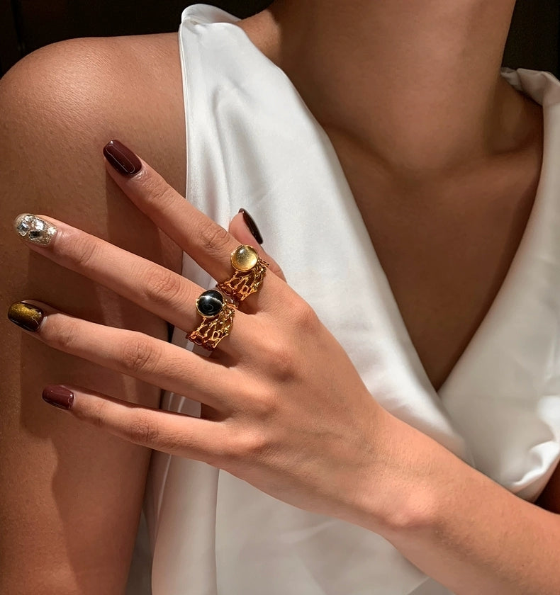 Original Hollow-Out Lace Wide Band Ring with Natural Stone