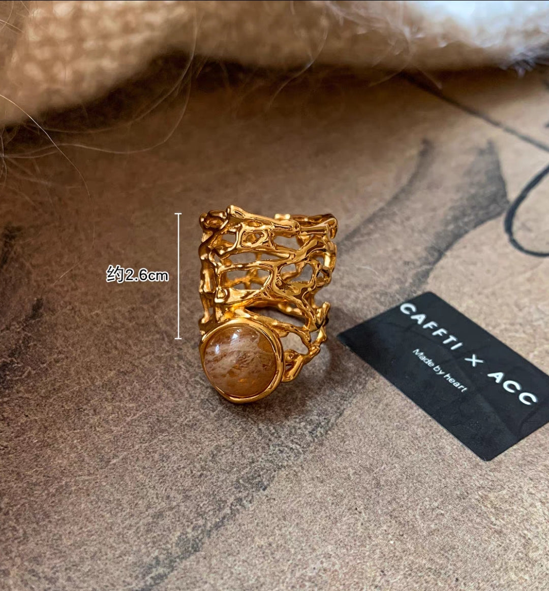 Original Hollow-Out Lace Wide Band Ring with Natural Stone