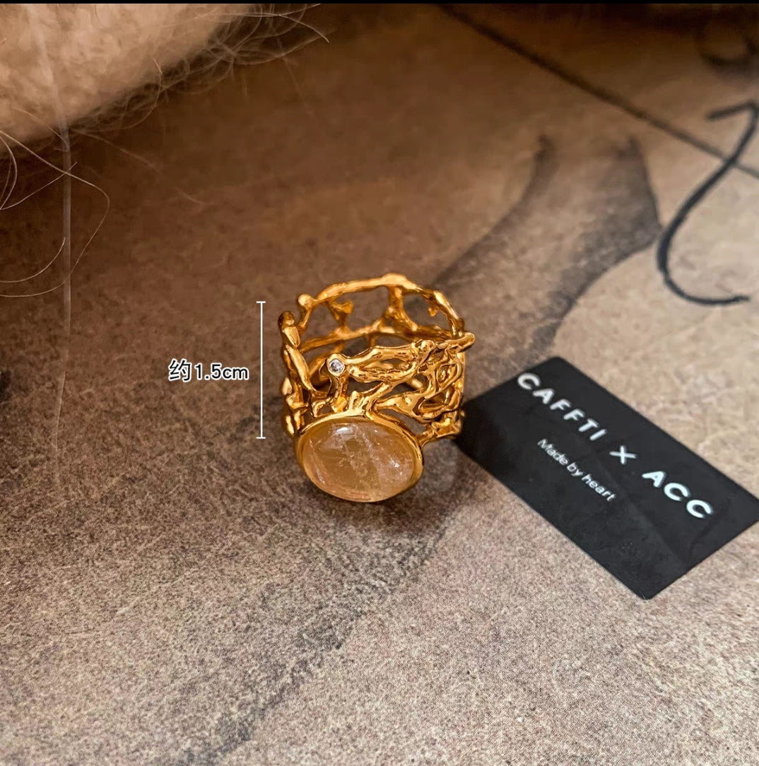 Original Hollow-Out Lace Wide Band Ring with Natural Stone