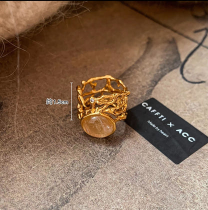 Original Hollow-Out Lace Wide Band Ring with Natural Stone