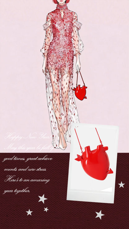 European fashion, niche design, heart chain bag, metal evening clutch, statement shoulder bag, avant-garde accessory