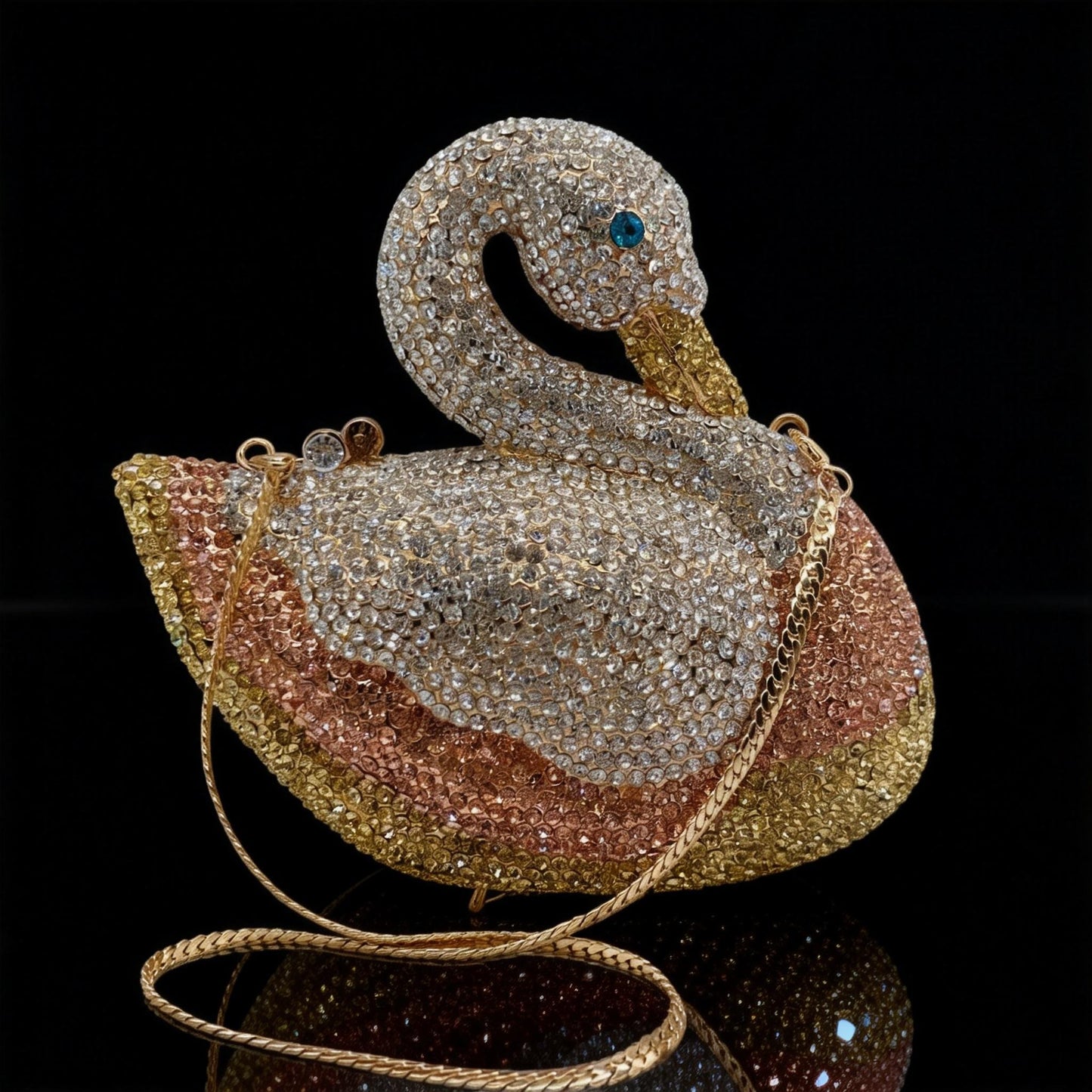 Diamond-Encrusted Swan Evening Clutch — Animal-Themed Full Crystal Handbag with Chain