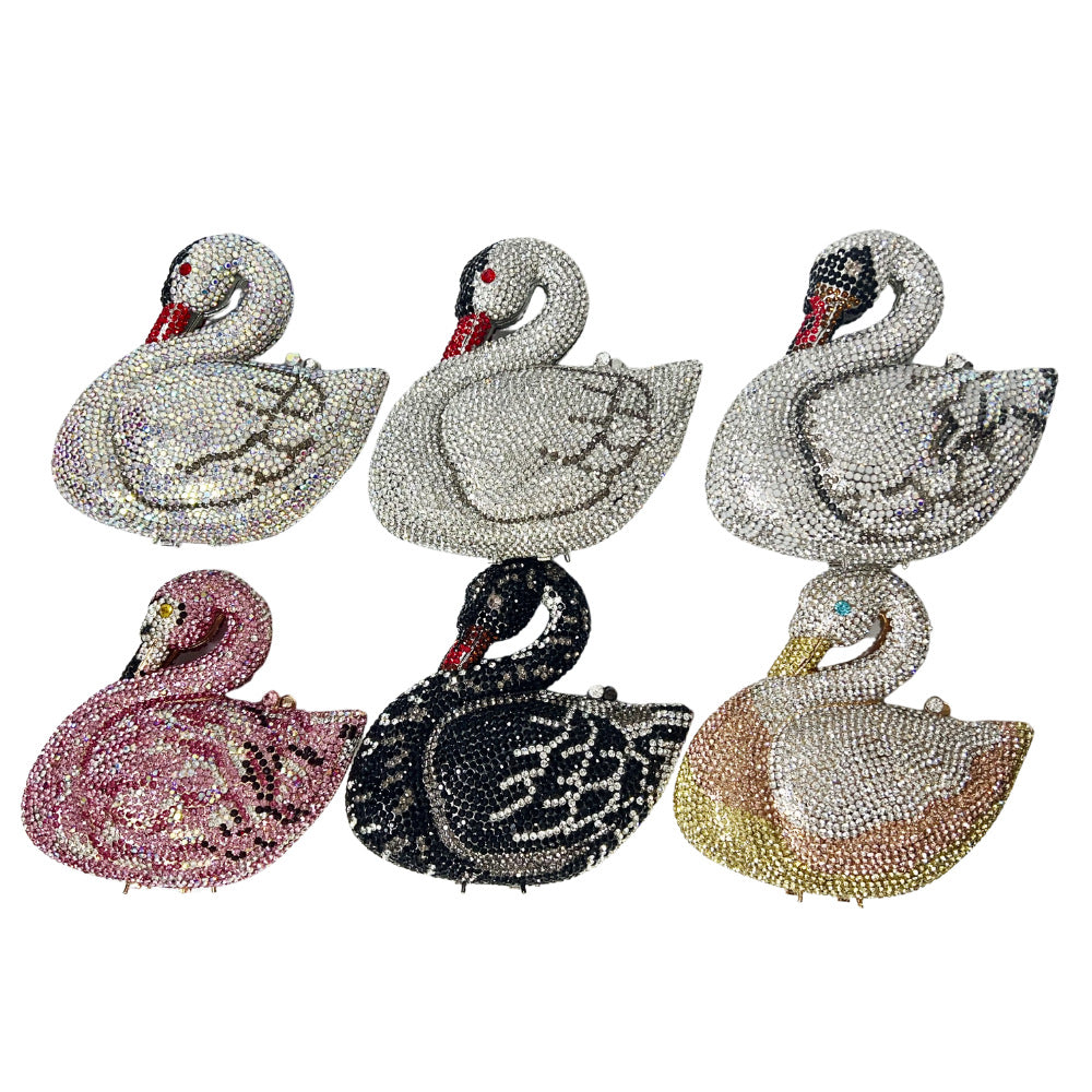 Diamond-Encrusted Swan Evening Clutch — Animal-Themed Full Crystal Handbag with Chain