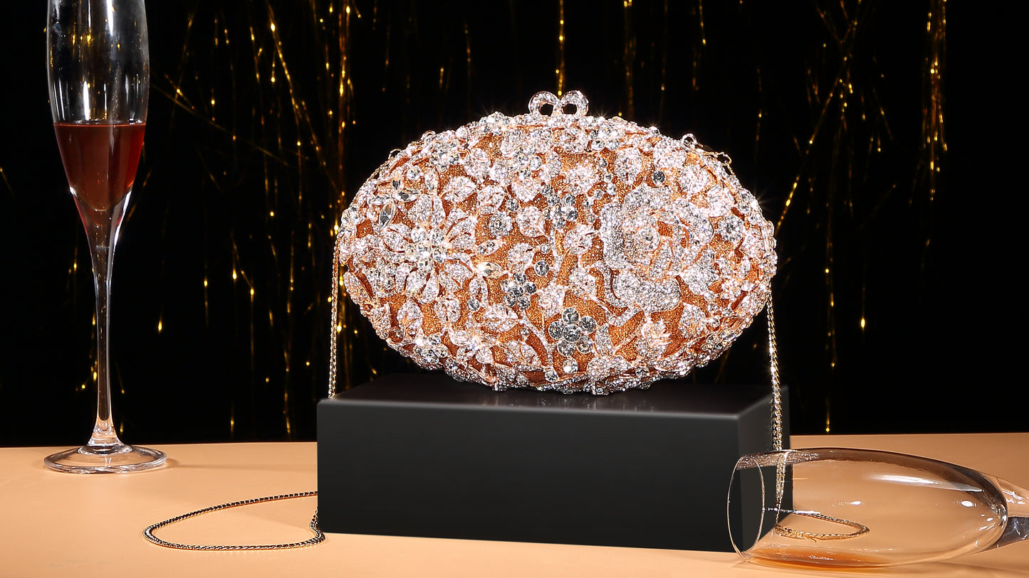 Bougainvillea-Inspired Crystal-Embellished Evening Clutch / Hollow-Out Metal Frame Diamond Women's Party Bag