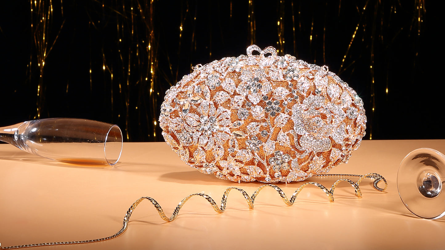 Bougainvillea-Inspired Crystal-Embellished Evening Clutch / Hollow-Out Metal Frame Diamond Women's Party Bag