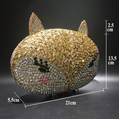 Fox Rhinestone Evening Bag with Hollow-Out Metal Crystal Details, Handcrafted Beaded Clutch for Nightclub and Socialite Events