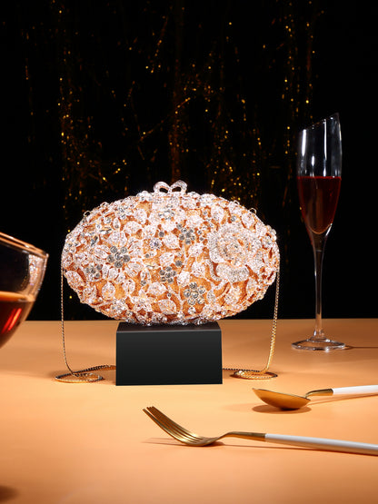 Bougainvillea-Inspired Crystal-Embellished Evening Clutch / Hollow-Out Metal Frame Diamond Women's Party Bag