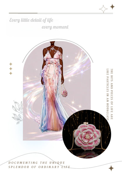 PUER ELEMENTES/Women's Evening Clutch Purse Crystal Rhinestone Hollow Metal Rose Design Small Sparkly Handbag for Formal Dresses