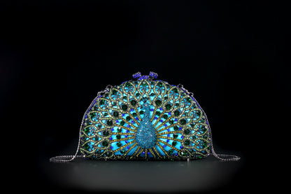 Peacock water diamond bag, hollow metal crystal banquet bag, handmade diamond inlaid bag, European and American women's diamond handbag