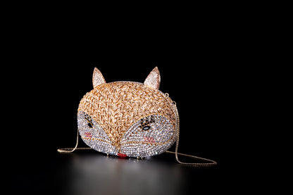 Fox Rhinestone Evening Bag with Hollow-Out Metal Crystal Details, Handcrafted Beaded Clutch for Nightclub and Socialite Events