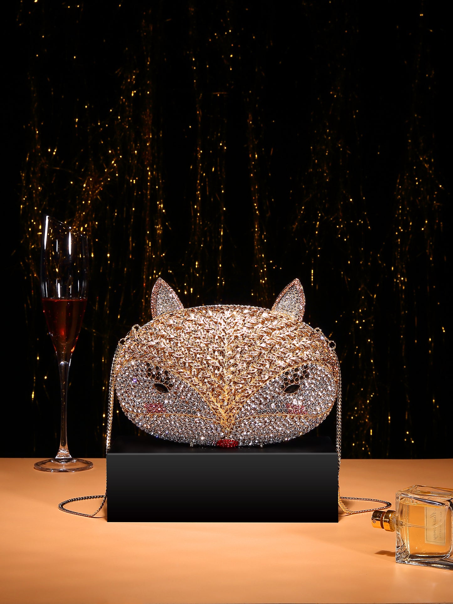 Fox Rhinestone Evening Bag with Hollow-Out Metal Crystal Details, Handcrafted Beaded Clutch for Nightclub and Socialite Events