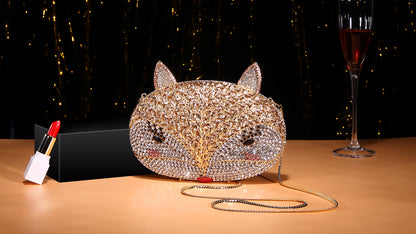 Fox Rhinestone Evening Bag with Hollow-Out Metal Crystal Details, Handcrafted Beaded Clutch for Nightclub and Socialite Events