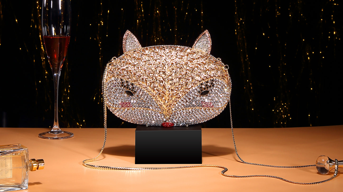 Fox Rhinestone Evening Bag with Hollow-Out Metal Crystal Details, Handcrafted Beaded Clutch for Nightclub and Socialite Events